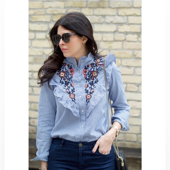 Tops - Long sleeve striped embroidered floral ruffled blouse